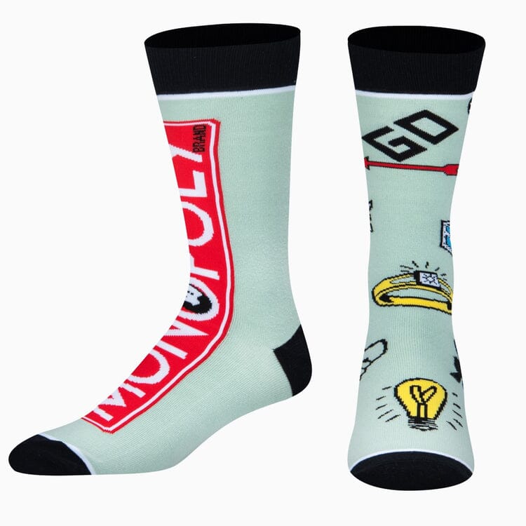 Men's Monopoly split crew socks, flat lay alternate angle of both socks