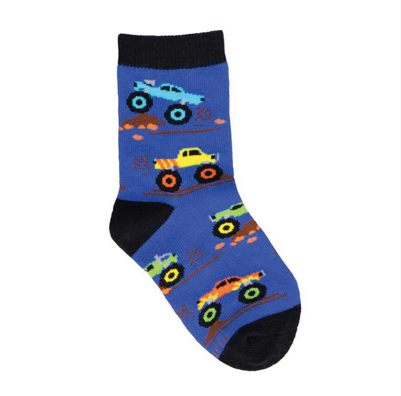 Kids' monster truck crew socks in blue with colorful trucks, flat lay single sock