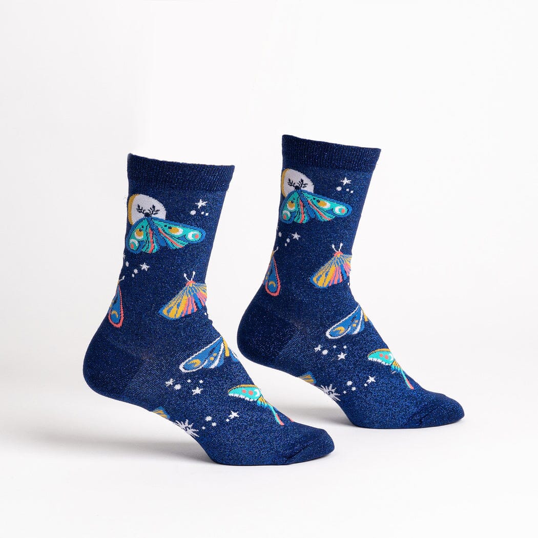 Women's Moonlit Moth shimmer crew socks, flat pair view, colorful moths, moon, and stars on navy