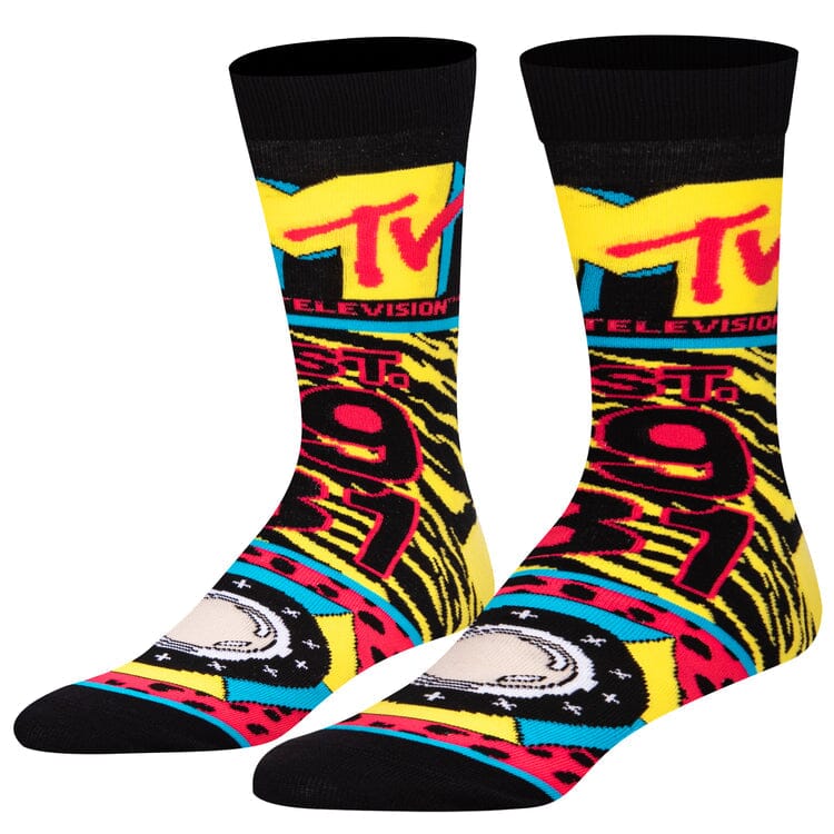 Men's MTV crew socks, flat lay showing logo over neon animal print