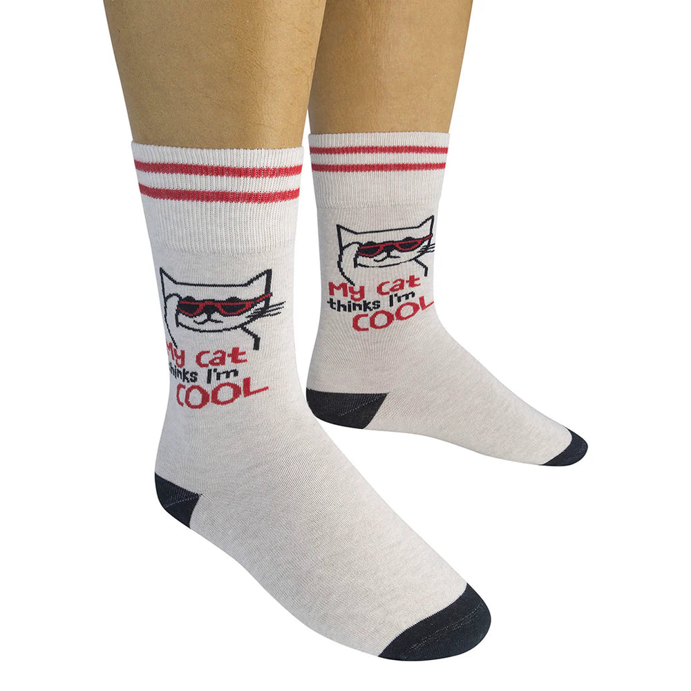 Unisex "My Cat Thinks I'm Cool" cream crew socks worn, front view