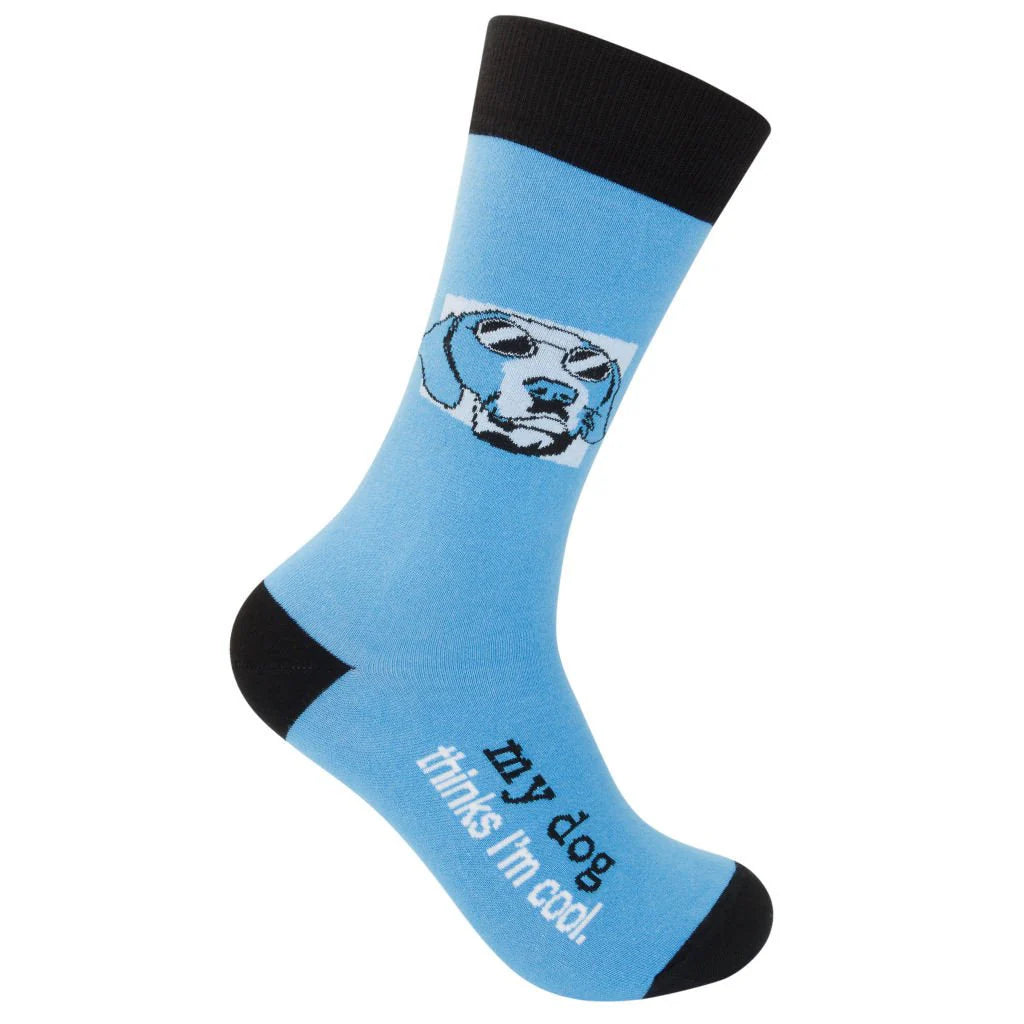 Unisex blue crew sock, flat side view with a dog-in-sunglasses portrait and 'my dog thinks I'm cool' text