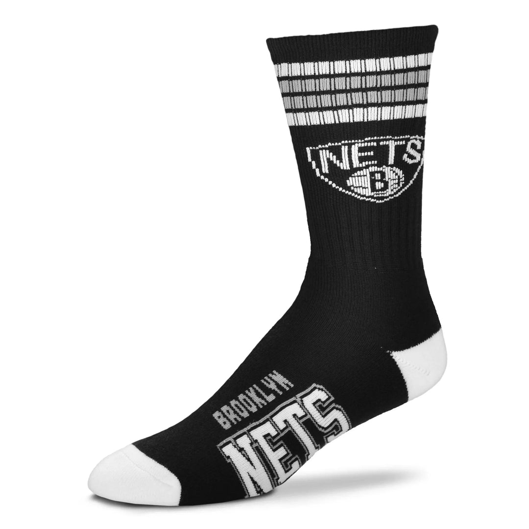 Men's black and white Brooklyn Nets crew socks with team logo, flat single sock view