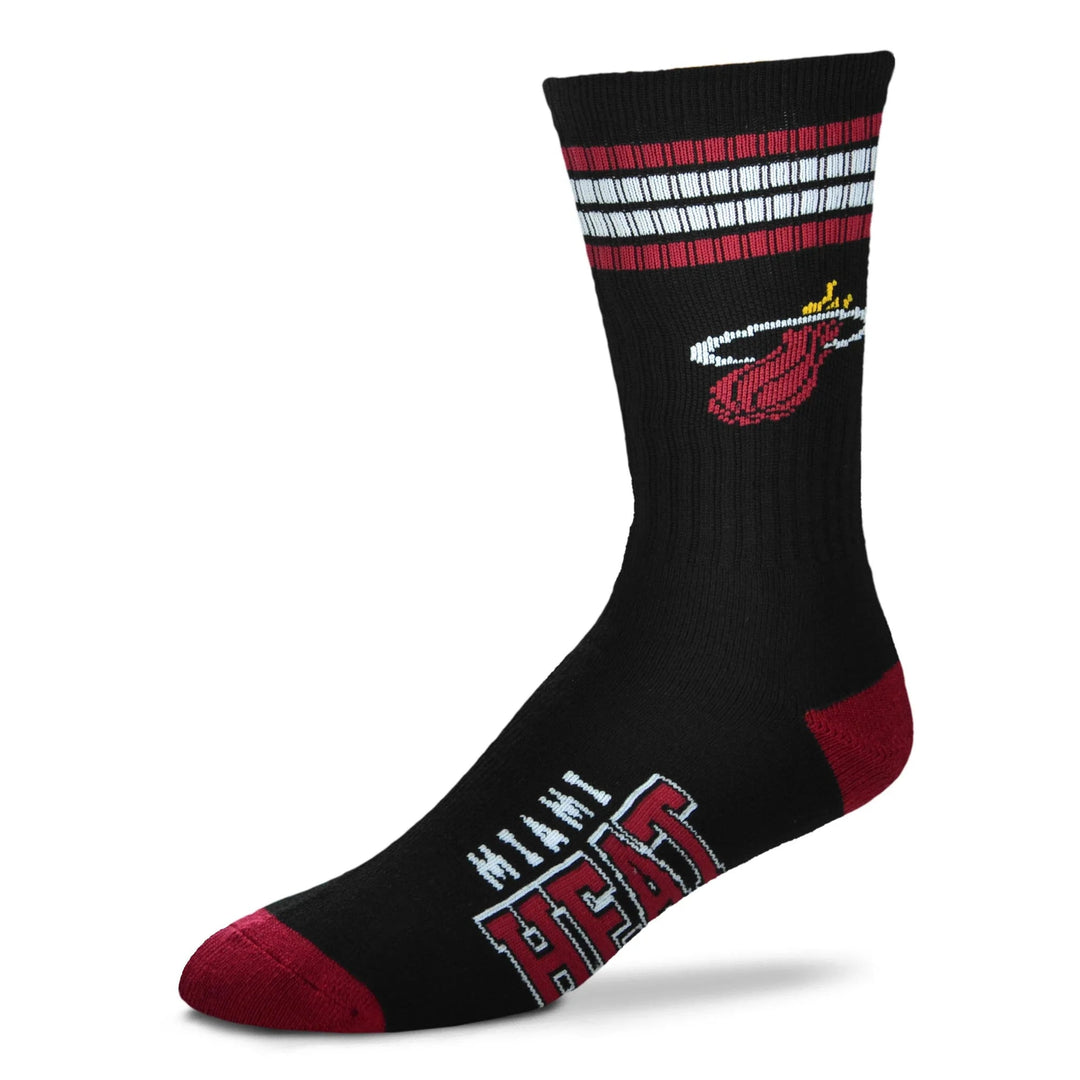 Men's Miami Heat crew sock, black with flaming basketball logo and team name, red toe, flat side view