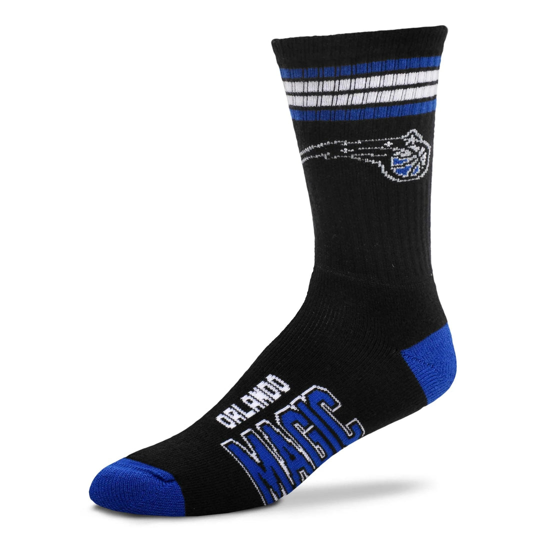 Men's Orlando Magic crew sock, black with Magic logo and team name, blue toe, flat side view