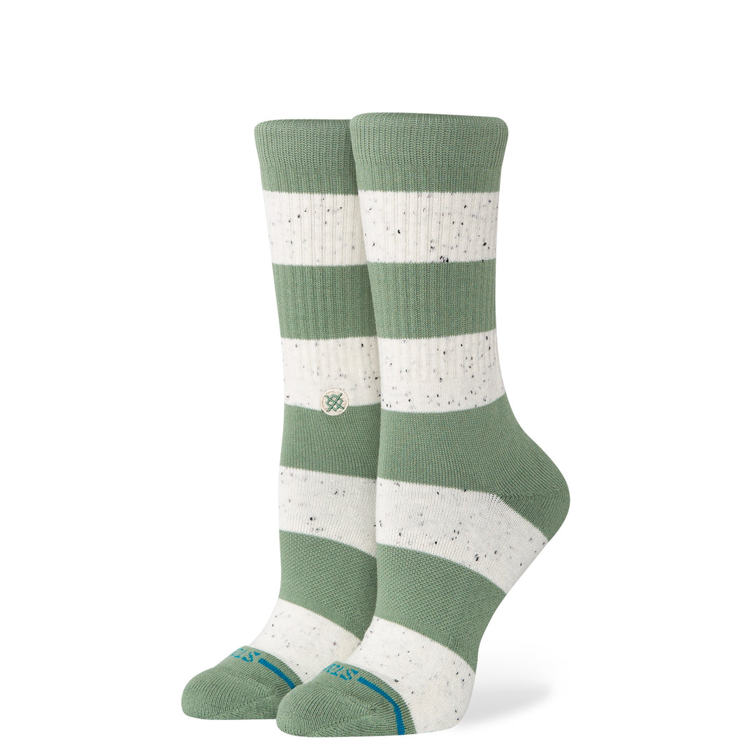 Women's green striped crew socks, flat front view