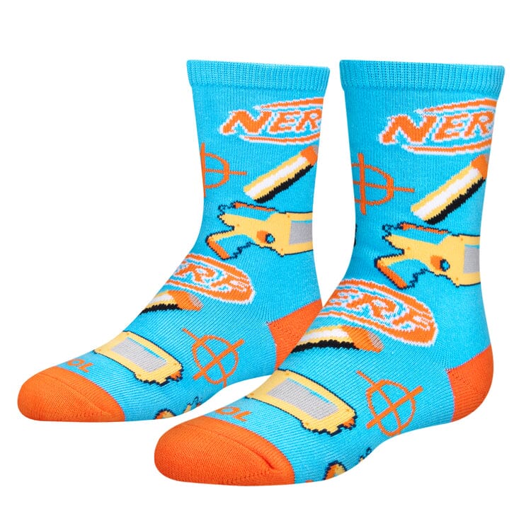 Kids' Nerf crew socks laid flat on blue with blasters and orange logo