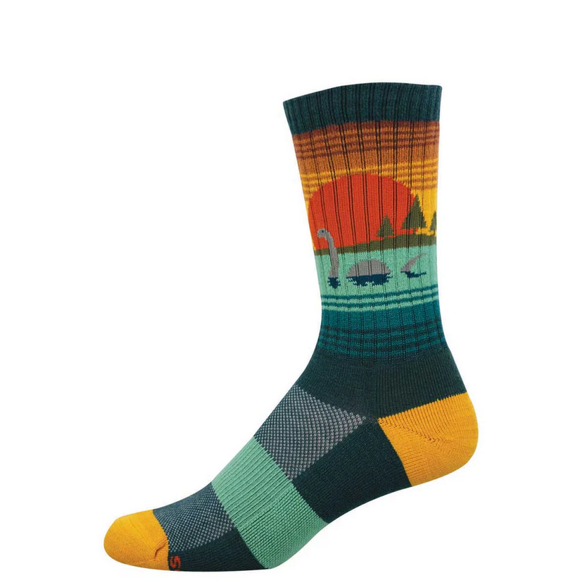 Men's Loch Ness sunset scene crew socks, flat lay side view