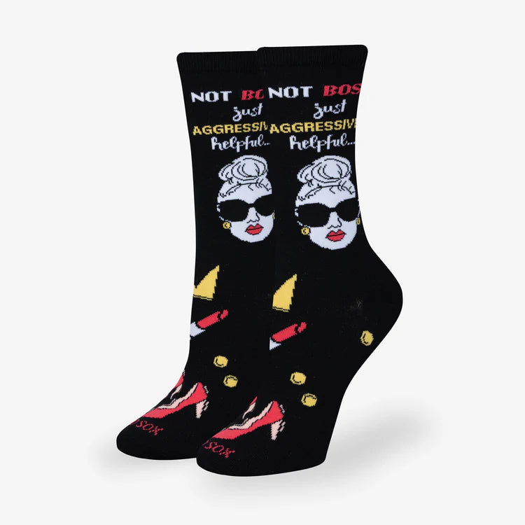 Women's Not Bossy slogan crew socks, angled view showing glam woman and text