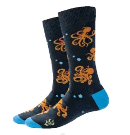 Men's octopus crew socks in navy, flat lay showing orange octopuses and blue bubbles