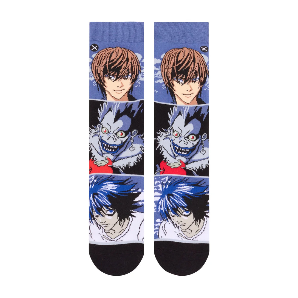 Men's Death Note crew socks, flat back view of character panels
