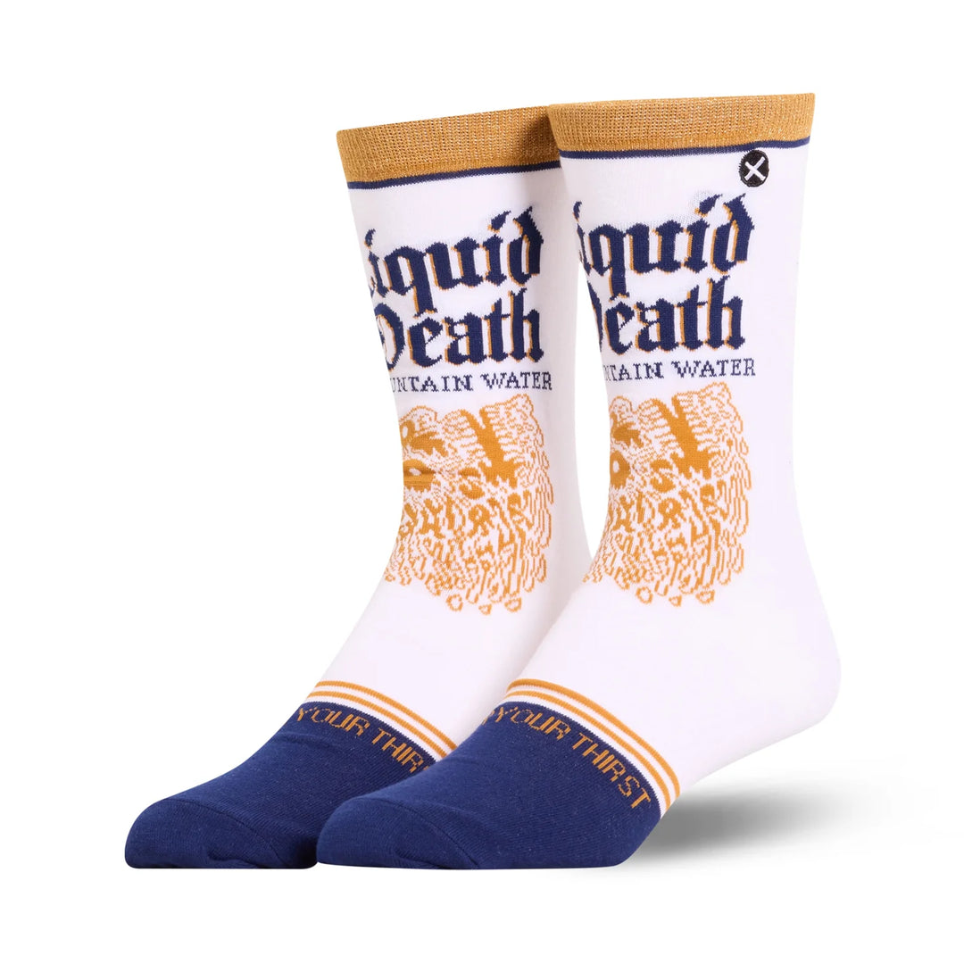 Men's Liquid Death white crew socks, angled view of pair