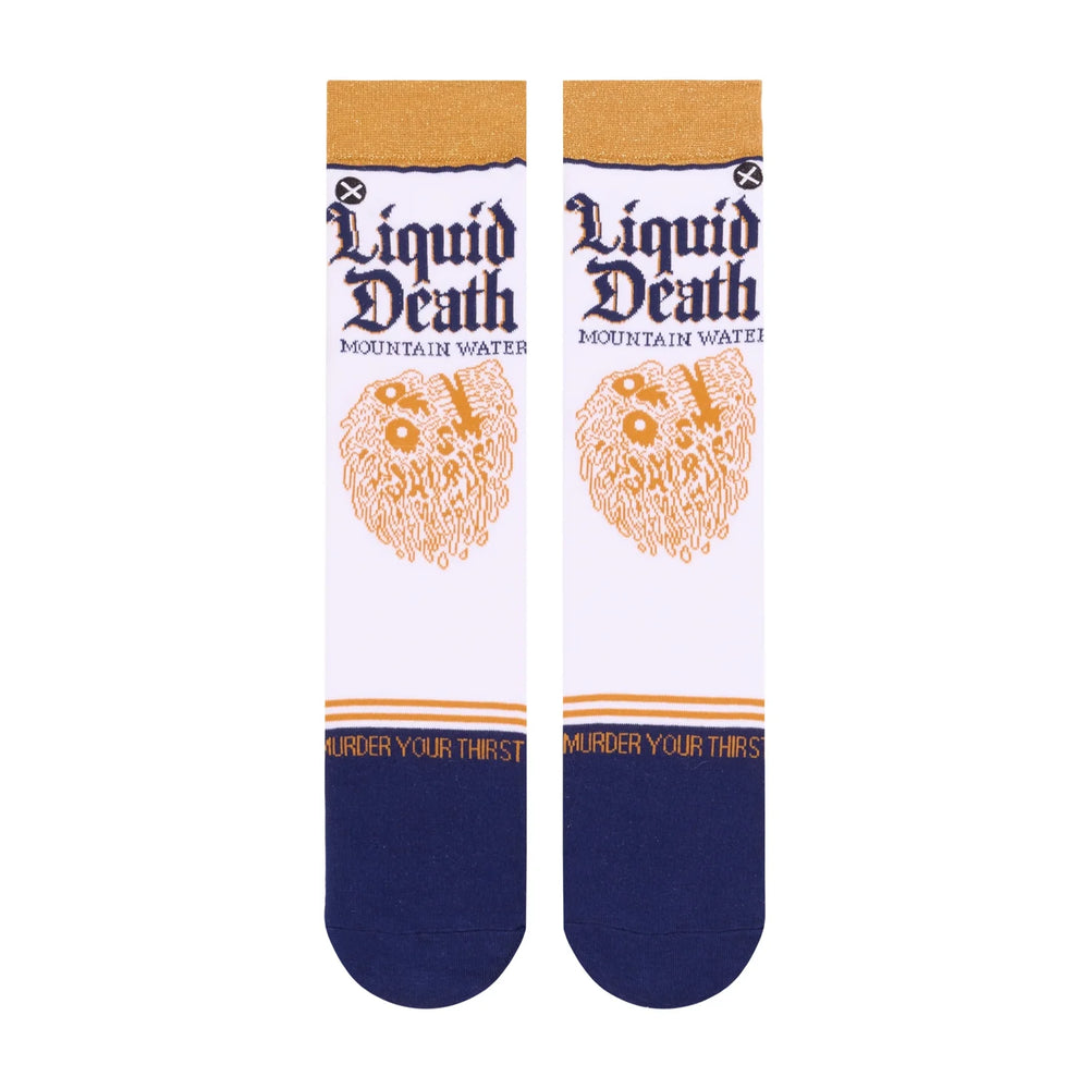 Men's Liquid Death skull crew socks, flat front view