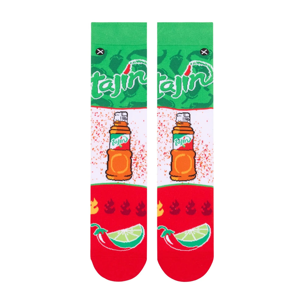 Men's Tajin chili-lime crew socks, flat back view with bottle and limes