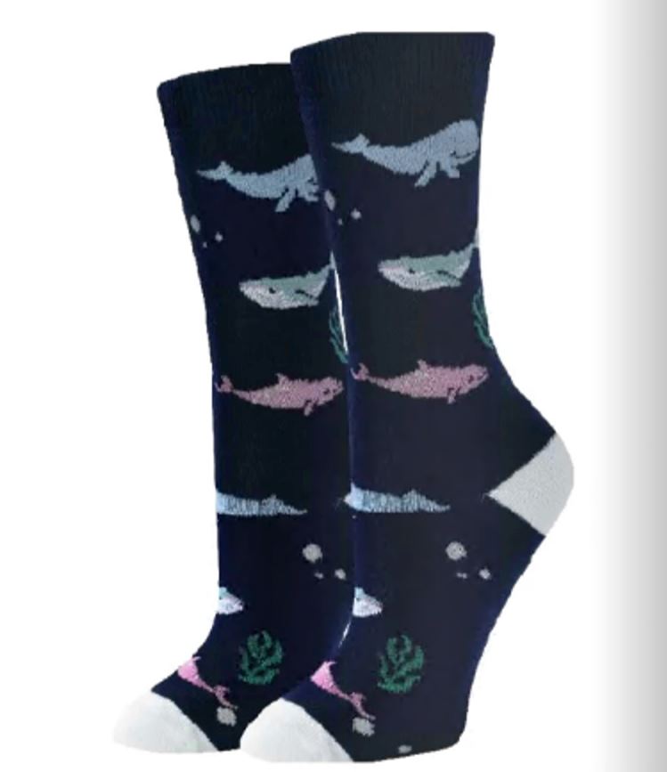 Women's oh whale crew socks flat lay, navy with pastel whales, bubbles, and seaweed