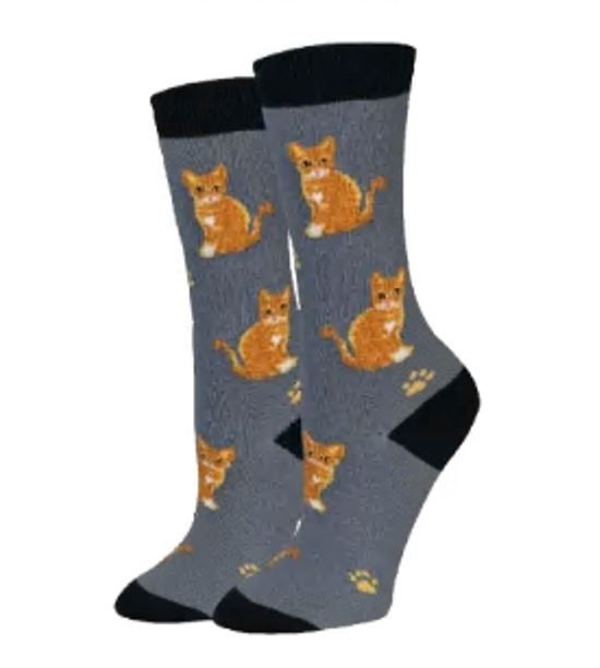 Women's orange tabby cat crew socks in gray, flat lay showing orange striped cats and paw prints
