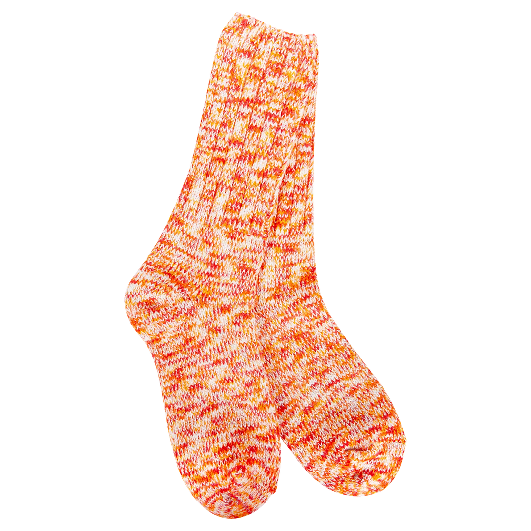 Women's orange marled ragg crew socks, flat view