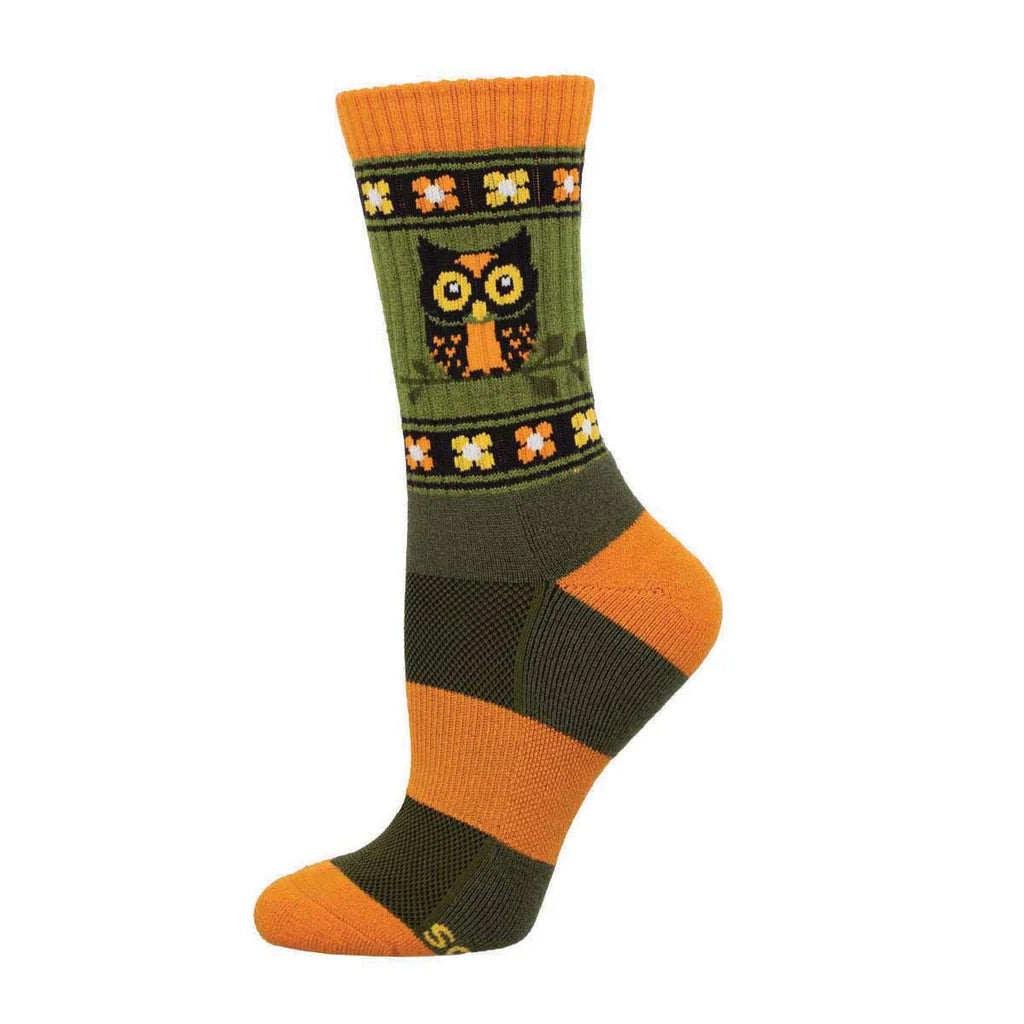 Women's owl wool crew socks, flat single sock in green and orange with owl motif