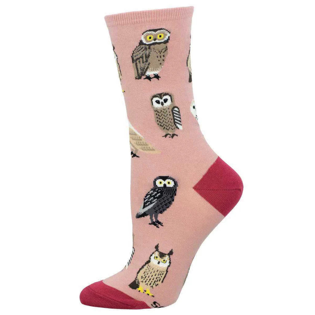 Women's dusty pink owl crew socks, side flat shot