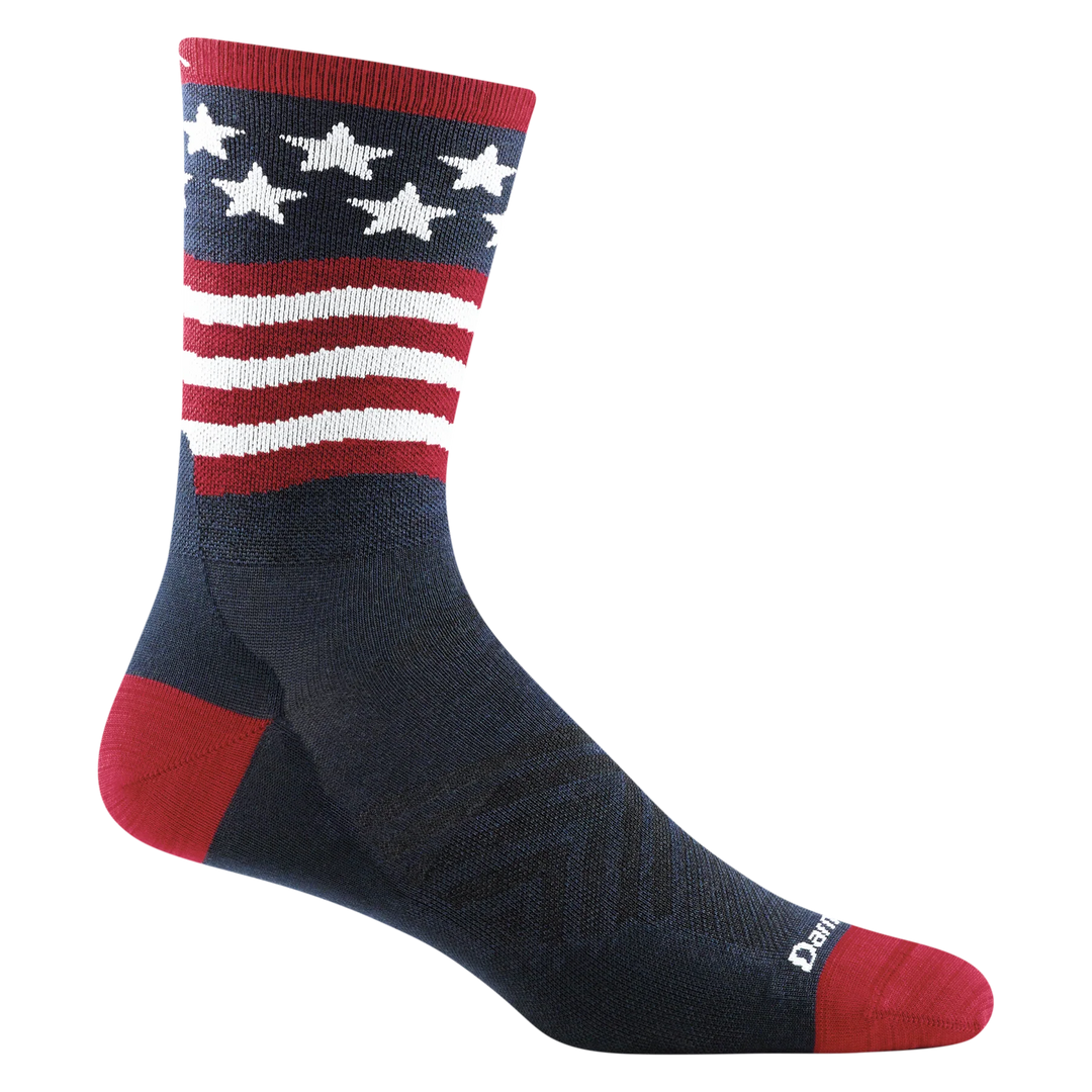 Men's American flag micro crew sock, flat shot, navy stars and red-white stripes with red heel