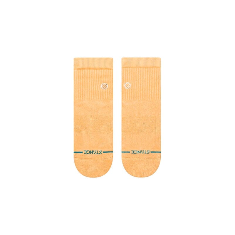 Women's peach quarter socks, flat back view with cuff logo