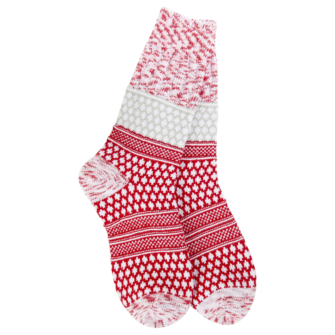 Women's peppermint red textured popcorn-knit crew socks, flat view