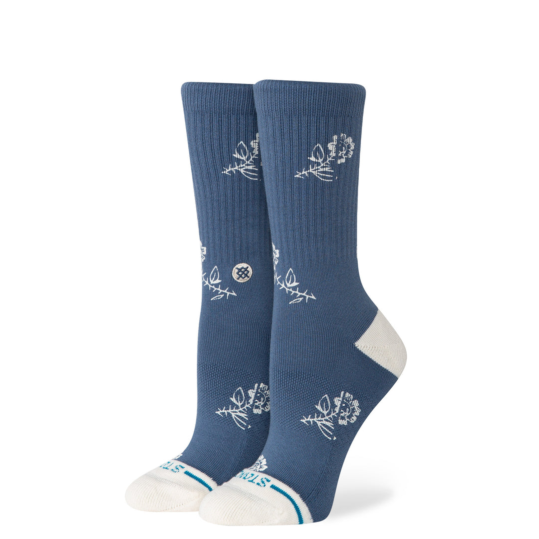 Women's seablue floral crew socks, angled view of white flower print