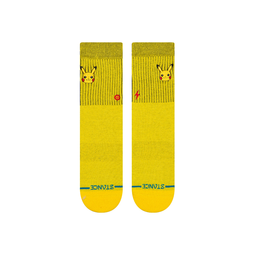 Kids' Pikachu yellow crew socks, flat front view with pinstripes and red accent
