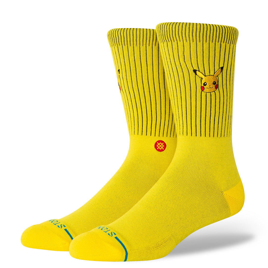 Men's Pikachu yellow crew socks, angled view with embroidered Pikachu face