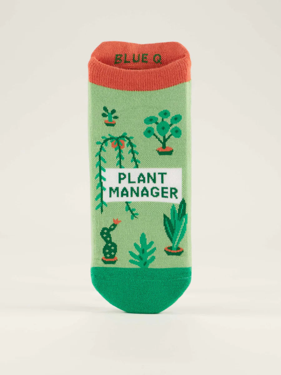 Women's Plant Manager sneaker socks, flat top view in green with potted plant print