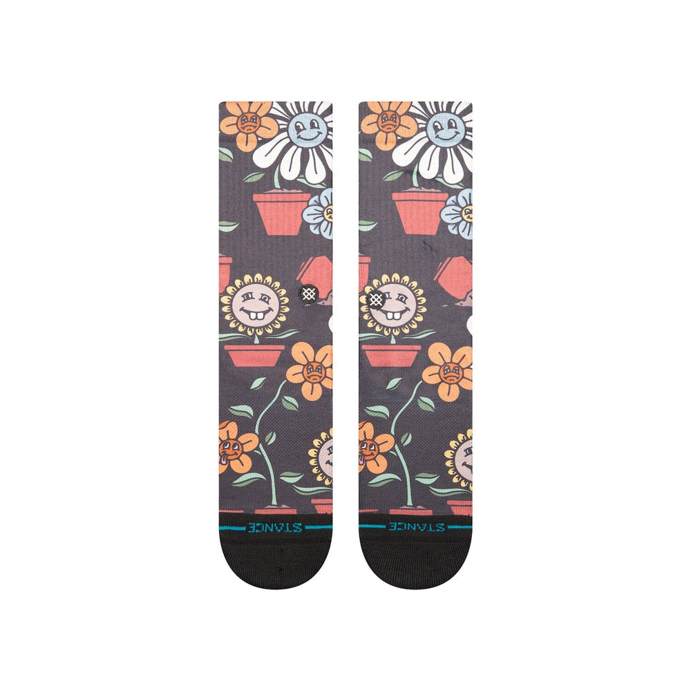 Women's charcoal flower-face crew socks, front flat shot