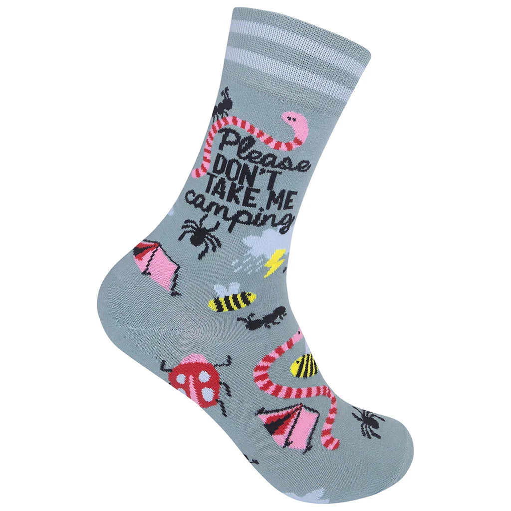 Unisex "Please Don't Take Me Camping" gray crew sock with tents and bugs, flat side view