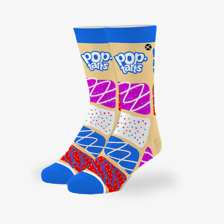 Kids' Pop-Tarts crew socks in tan and blue, worn front view showing stacked frosted toaster pastries