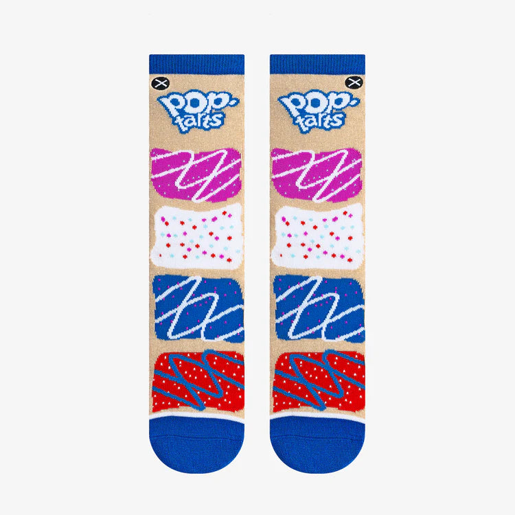 Kids' Pop-Tarts crew socks flat front view showing pink, white, blue and red frosted Pop-Tarts