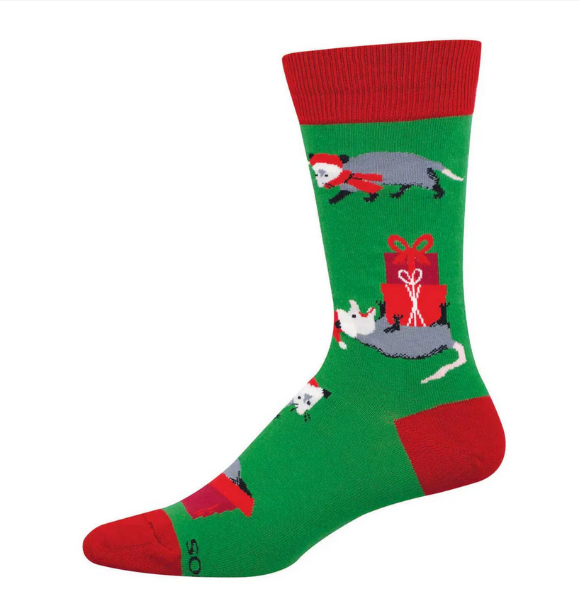 Men's possum presents crew socks laid flat, green with gray opossums and red wrapped gifts
