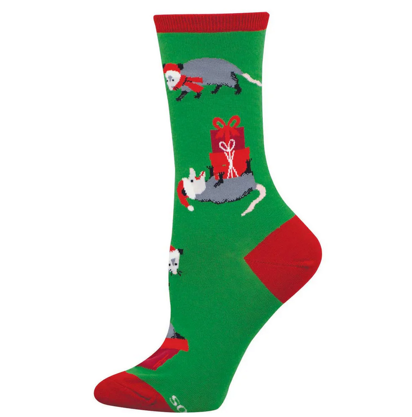 Women's possum presents Christmas crew socks in green with opossums and gifts, flat lay single sock