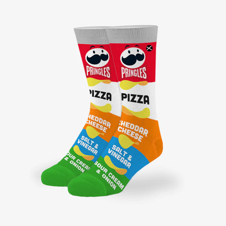Kids' Pringles crew socks, front view showing stacked flavor cans