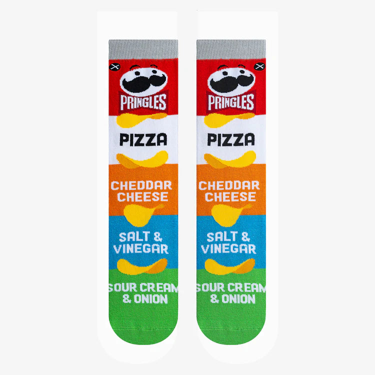 Kids' Pringles crew socks, flat lay of full flavor stack design