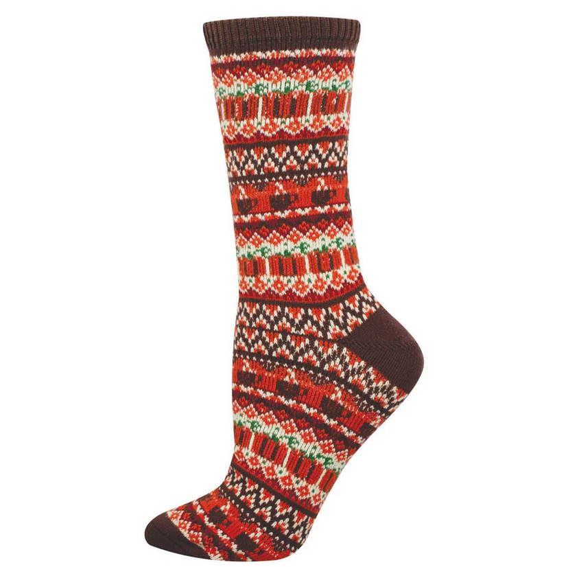 Women's pumpkin spice sweater crew socks in brown, flat lay side view