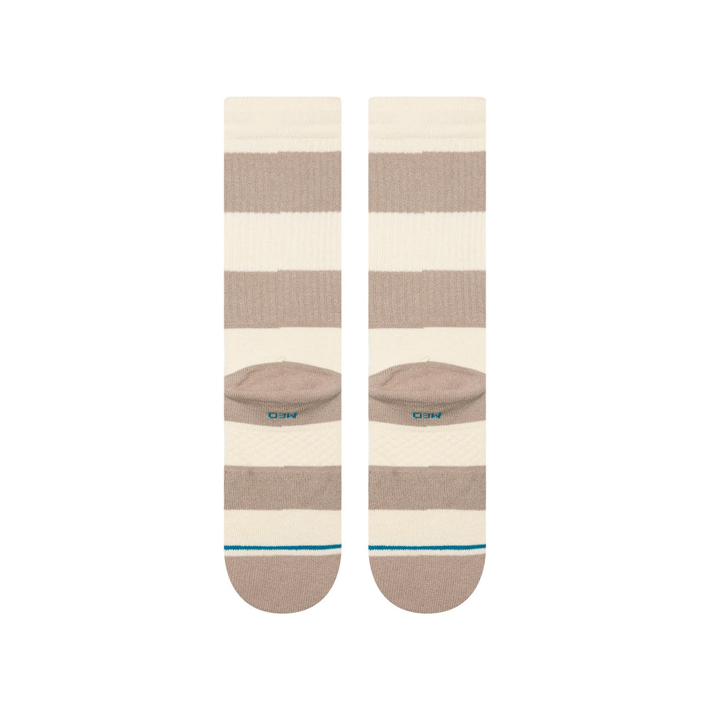 Men's rugby-stripe crew socks, flat back pair view, taupe and cream horizontal stripes