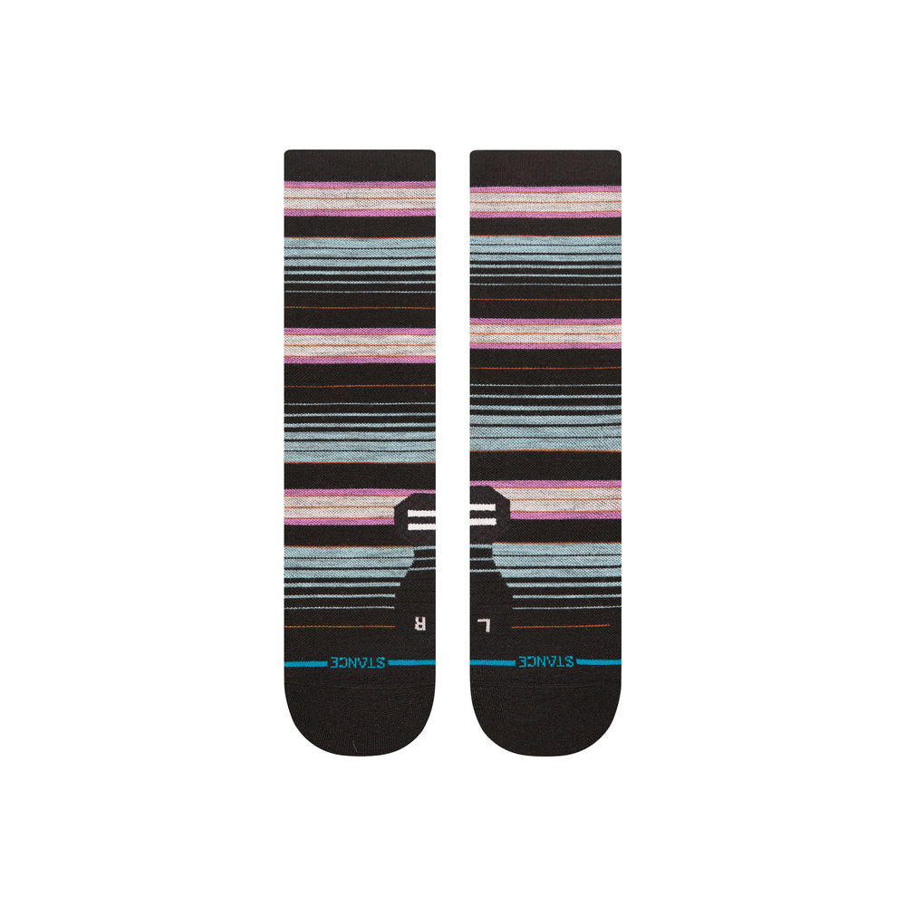 Women's berry striped wool crew socks front flat view showing the stripe pattern