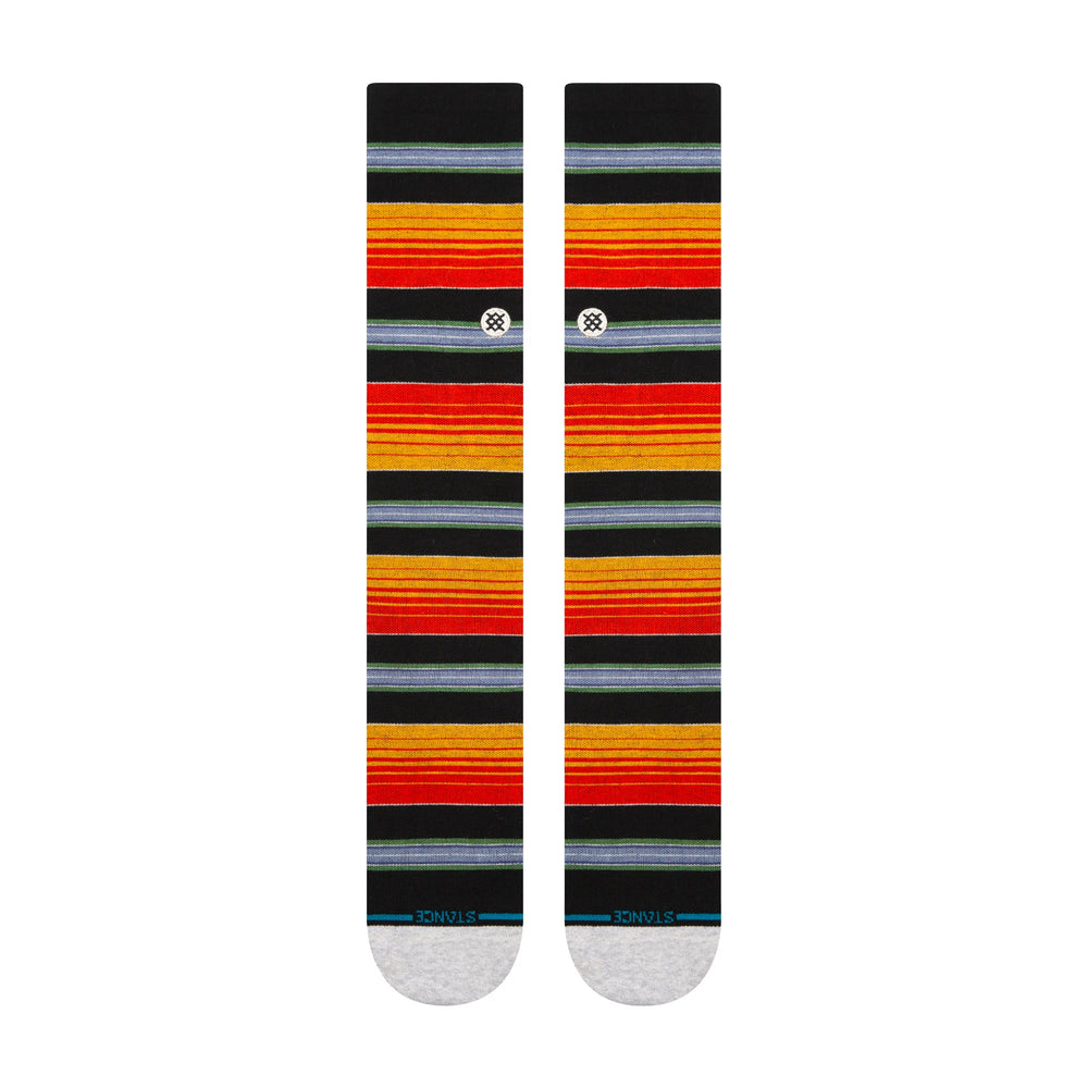 Men's striped over-the-calf socks front flat view showing colorful bands