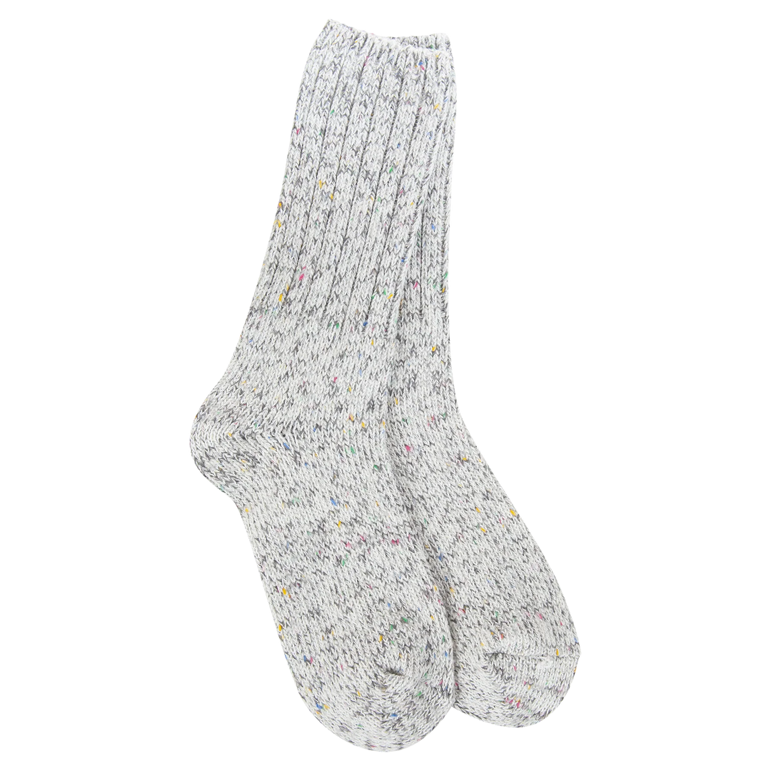 Women's cream confetti speckled ragg crew socks, flat view