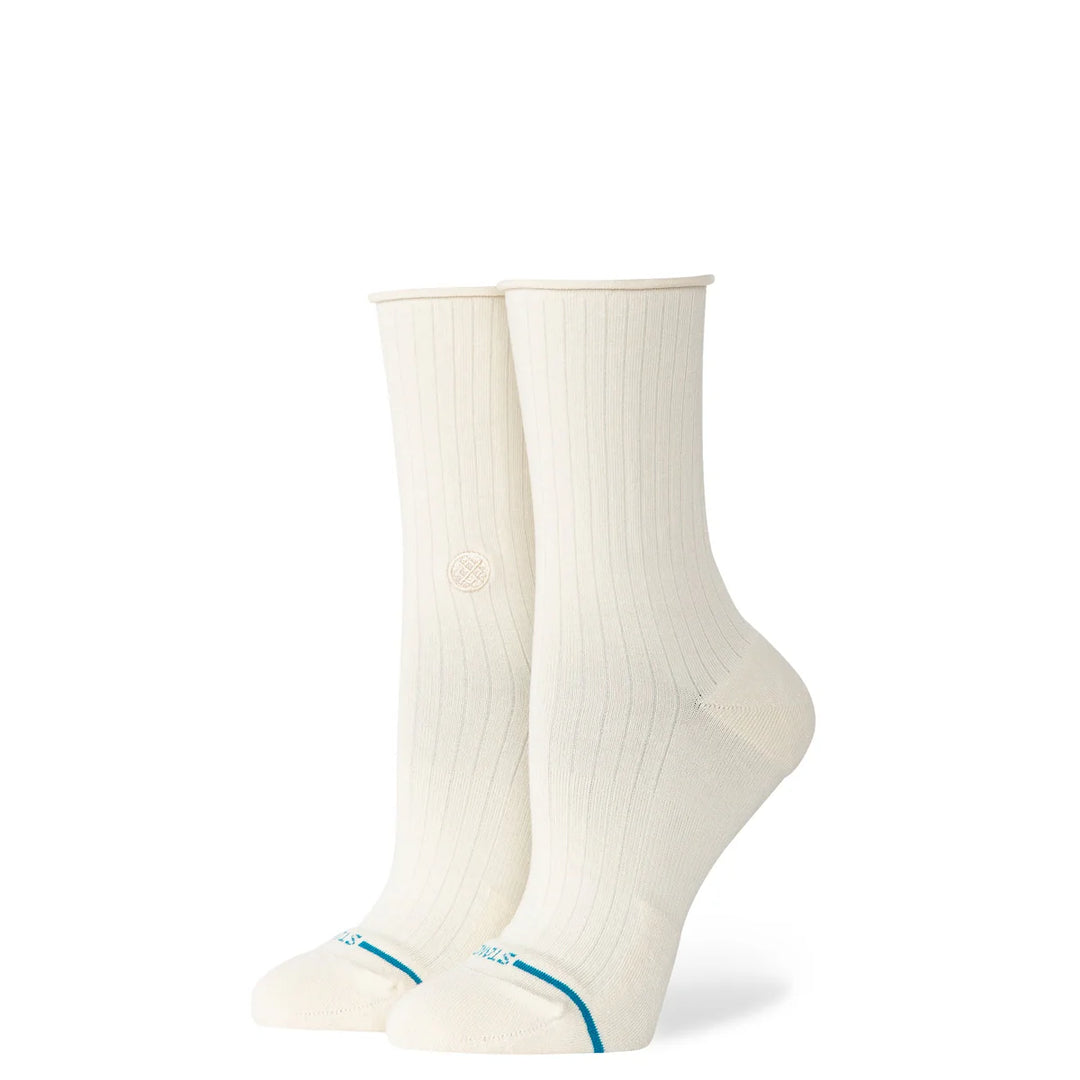 Women's ivory rolled-cuff quarter ankle socks, worn angled view