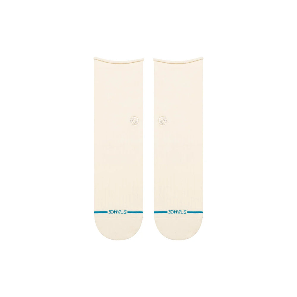 Women's ivory quarter socks, flat front view with logo