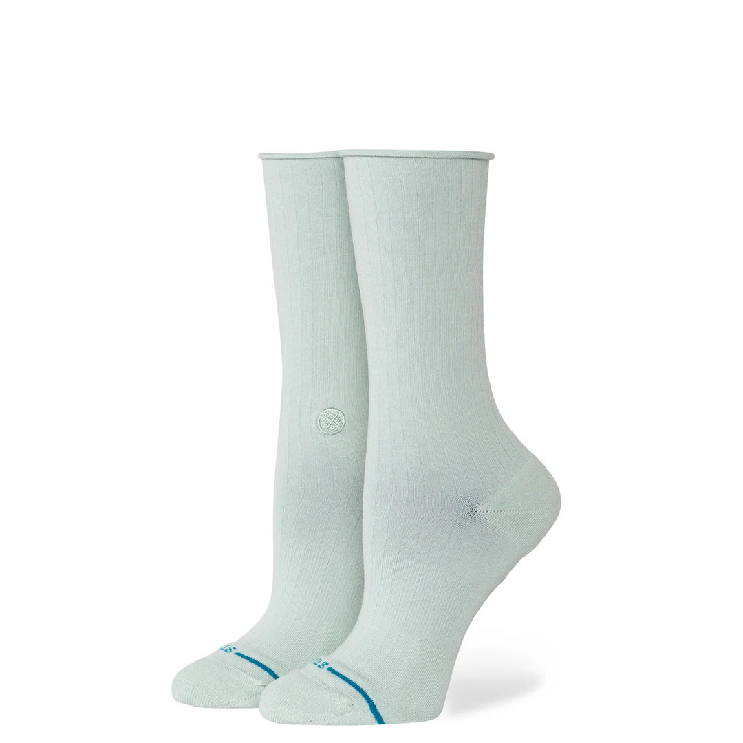 Women's pale-blue crew socks, worn angled view