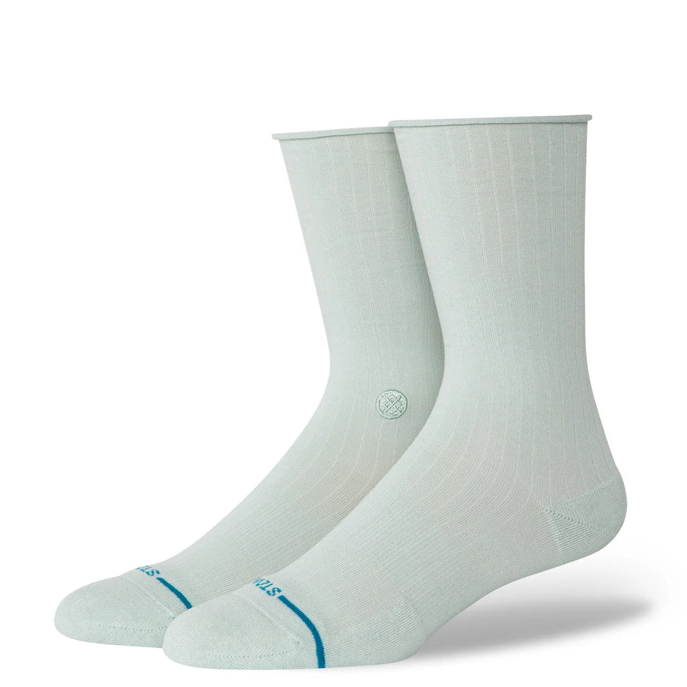 Women's pale-blue crew socks, flat front view with logo
