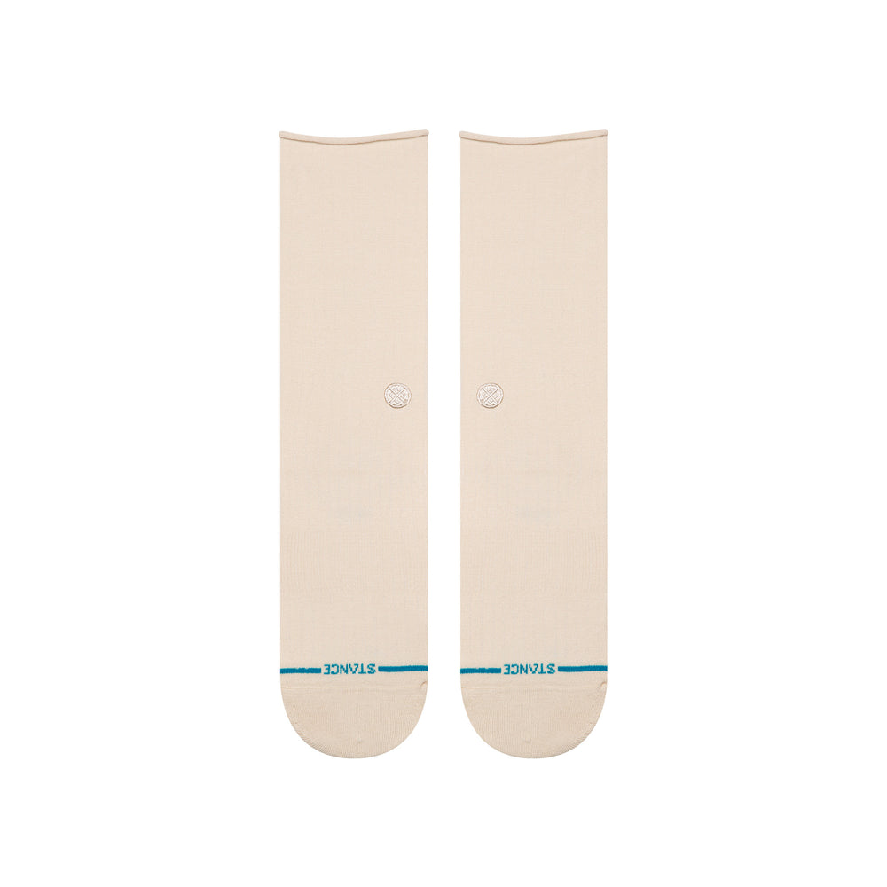 Women's oatmeal crew socks, flat front view of plain leg with teal toe stripe