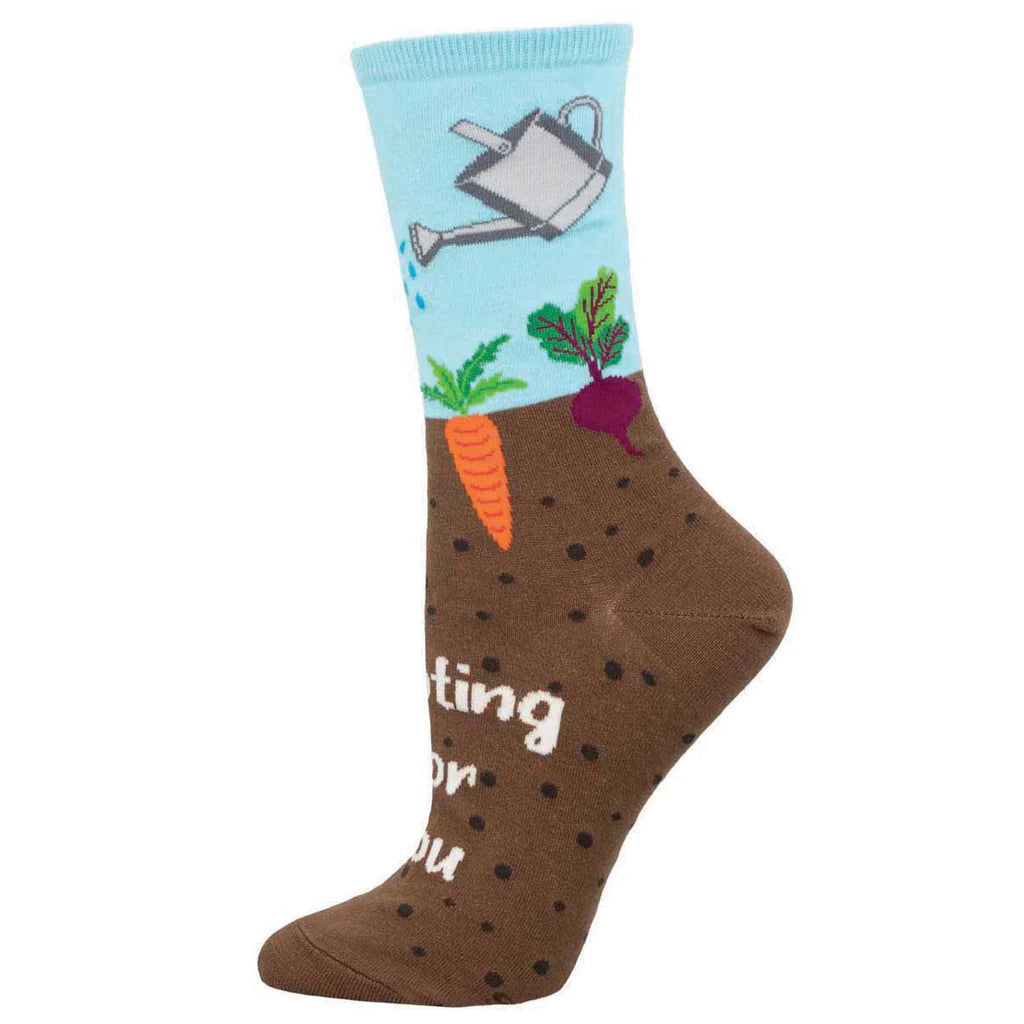 Women's garden vegetable pun crew sock with carrot and beet, flat product shot