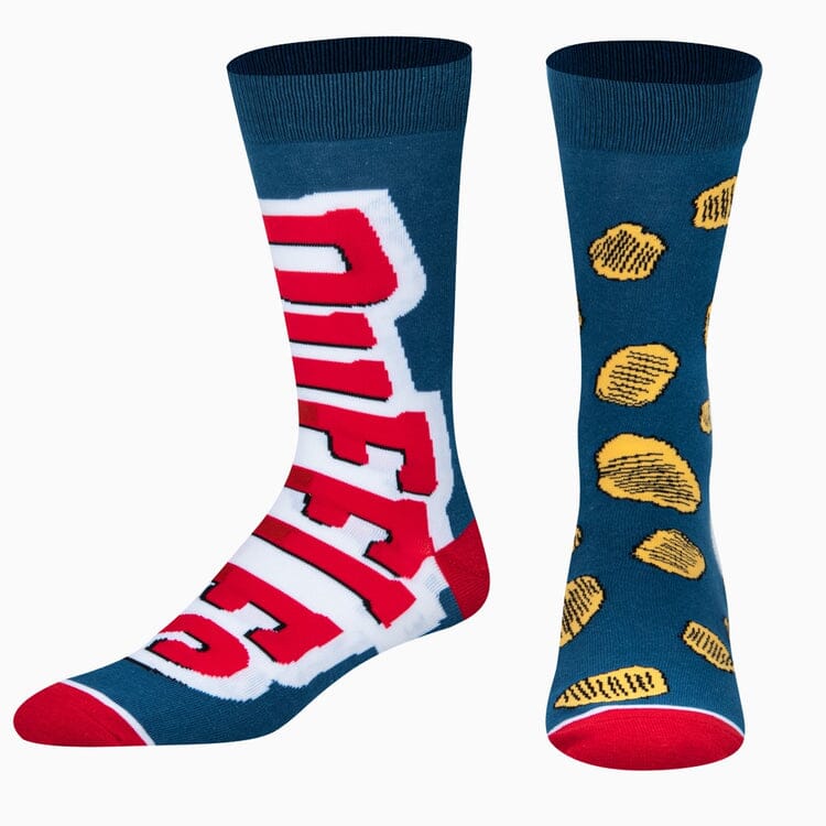 Men's Ruffles split crew socks, flat lay alternate angle of both socks